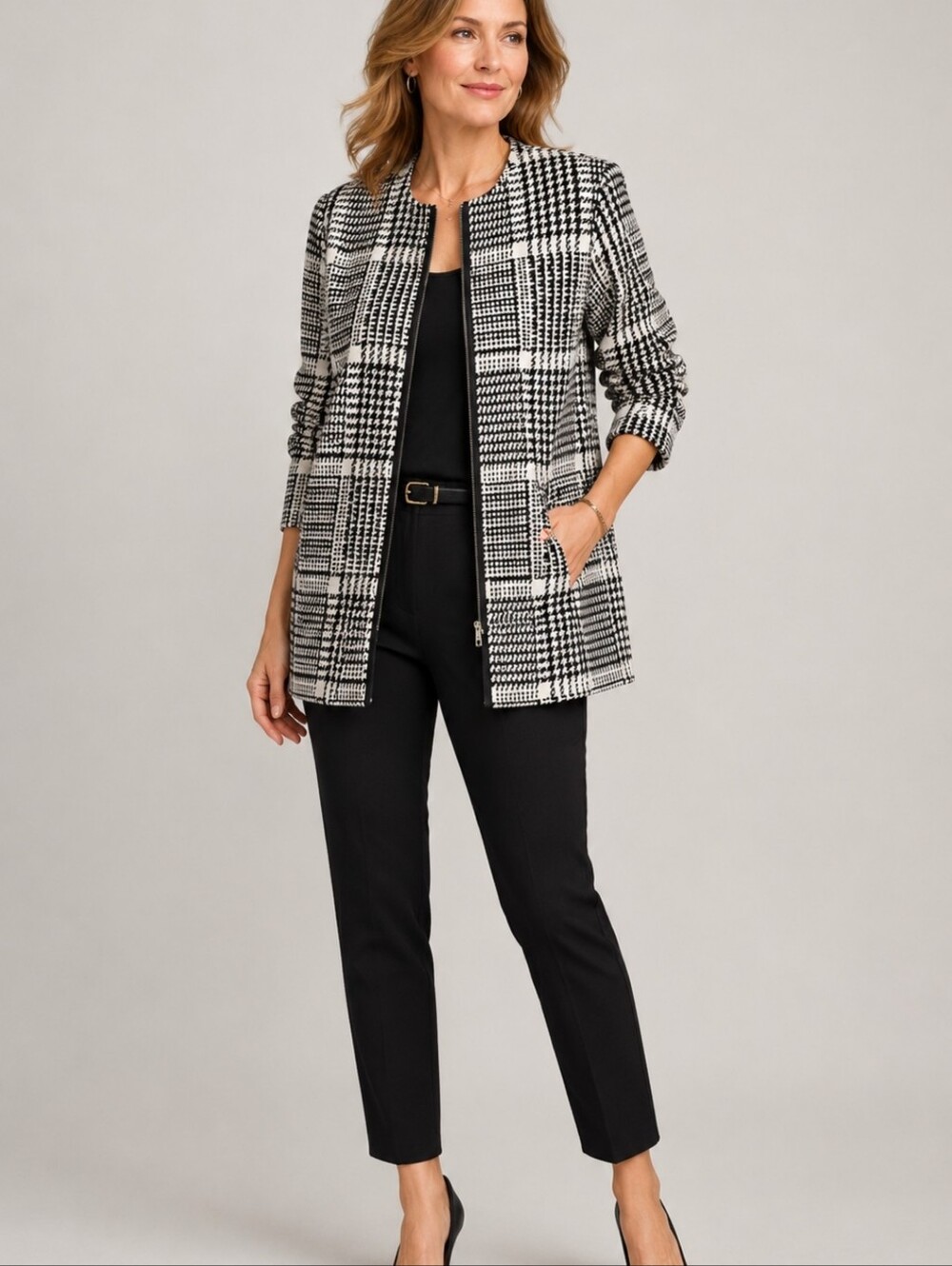 Cupcakes & cashmere Black and White Plaid Zip Jacket
